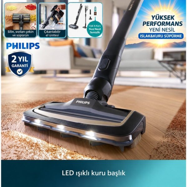 Philips 0 – 250 Watt Islak & Kuru Aqua Trio 9000 Seri Dijital Ekran, Hibrit Güç Motorlu Premium Kablosuz Dikey Süpürge
