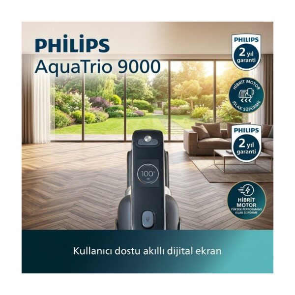 Philips 0 – 250 Watt Islak & Kuru Aqua Trio 9000 Seri Dijital Ekran, Hibrit Güç Motorlu Premium Kablosuz Dikey Süpürge