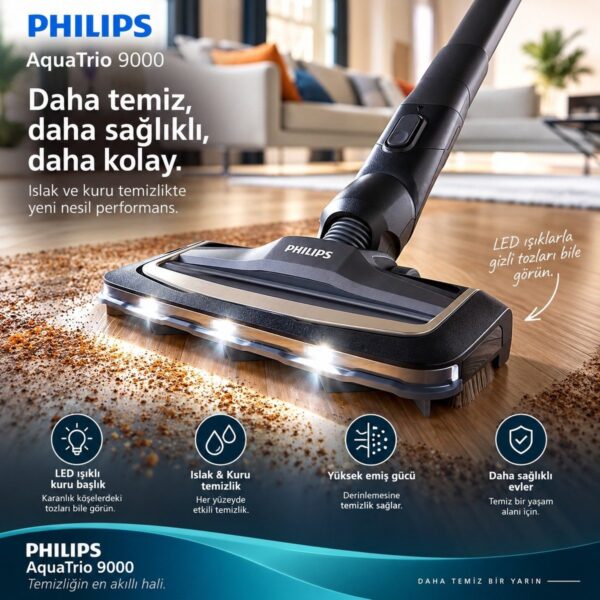 Philips 0 – 250 Watt Islak & Kuru Aqua Trio 9000 Seri Dijital Ekran, Hibrit Güç Motorlu Premium Kablosuz Dikey Süpürge