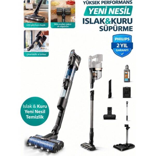 Philips 0 – 250 Watt Islak & Kuru Aqua Trio 9000 Seri Dijital Ekran, Hibrit Güç Motorlu Premium Kablosuz Dikey Süpürge