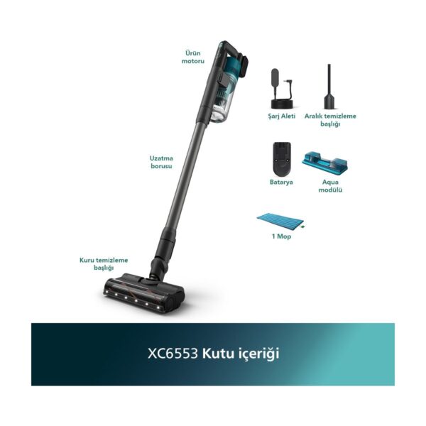 Philips 6000 Serisi Kablosuz Dikey Süpürge, PowerCyclone 11, Aqua Modül ile Kolay Mop, TriActive LED Başlık, 64 Dakika Kullanım, XC6553/01