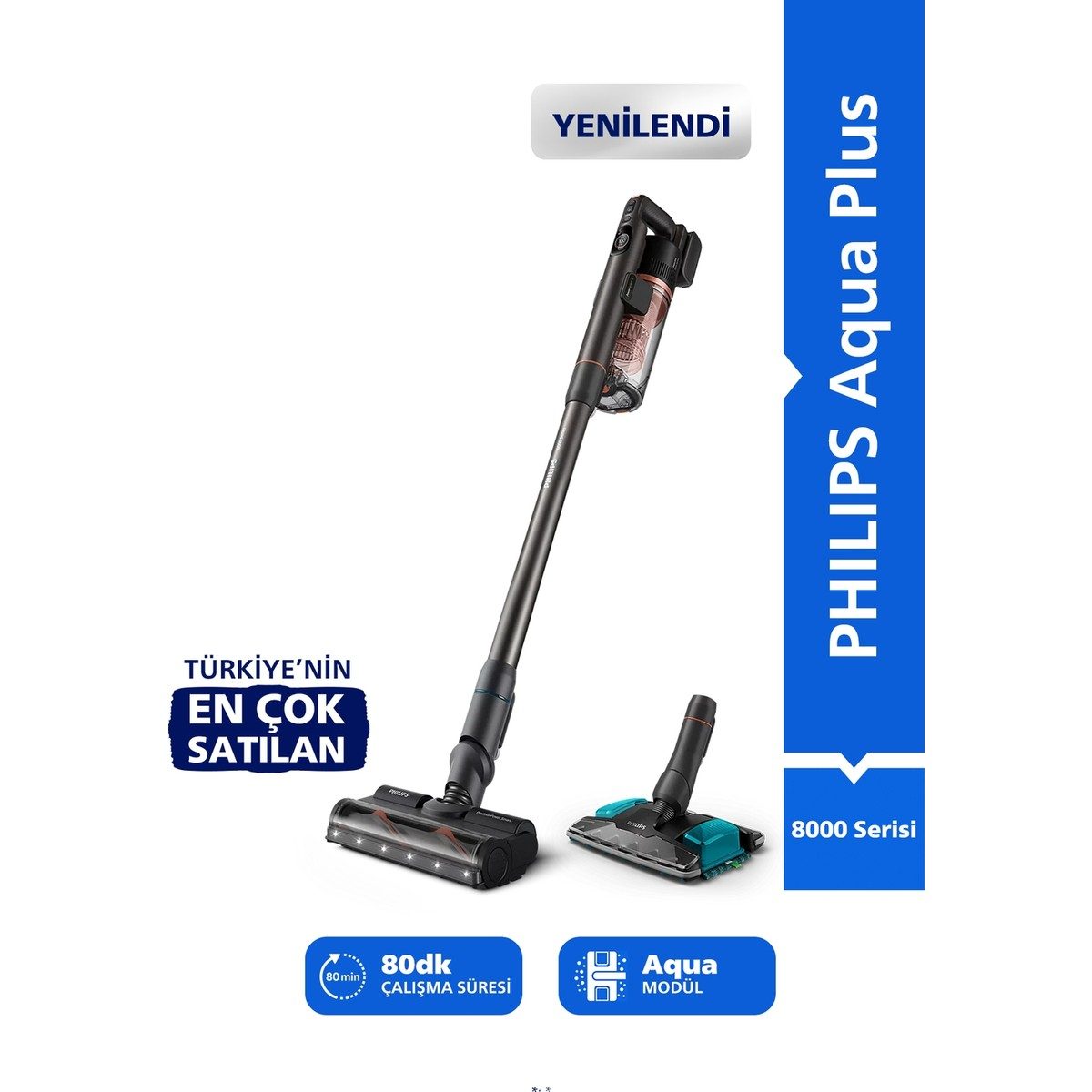 Philips 8000 Serisi Aqua Plus Kablosuz Dik Süpürge, 360 Emiş, LED Başlık, 80 dk'ya Kadar Kullanım, XC8153/10 HBCV0000F6POBP