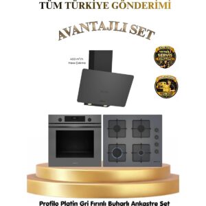 Profilo Buhar Destekli 76LT Fırın Gazlı Ocak ve Davlumbaz Seti Gri Renk A Enerji Sınıfı FXSA243F-DVK6J479-OE36P9P10D HBCV0000DV0XK3
