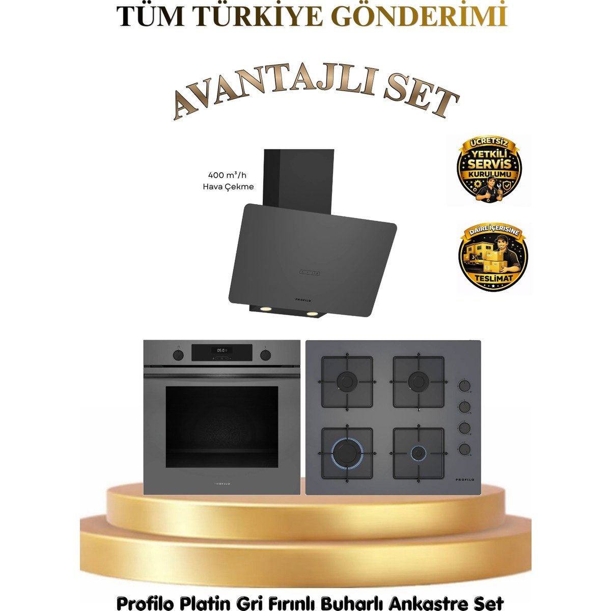 Profilo Buhar Destekli 76LT Fırın Gazlı Ocak ve Davlumbaz Seti Gri Renk A Enerji Sınıfı FXSA243F-DVK6J479-OE36P9P10D HBCV0000DV0XK3