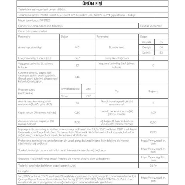 Regal 8 kg Kapasiteye Sahip Kurutma Makinesi E Enerji Sınıfı Isı Pompalı ve Kırışıklık Önleyici