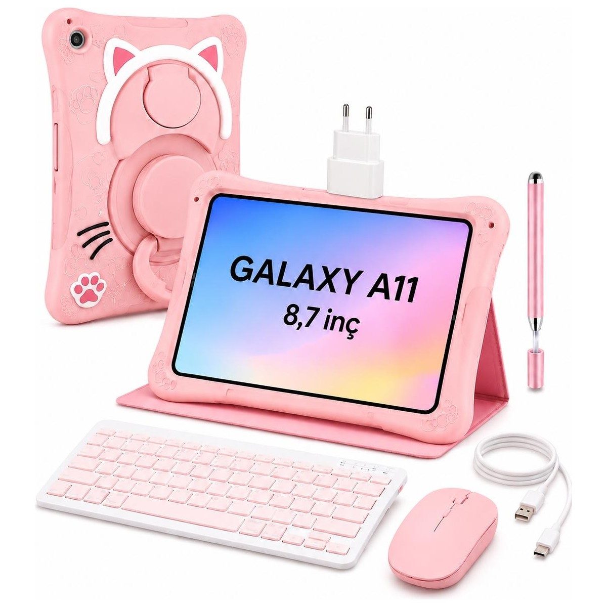 Samsung Galaxy Tab A11 4gb 64GB 8,7 Inç Tablet+Kılıf+Klavye+Mouse+Şarj Aleti(Kalem Hediyeli) Açık Pembe