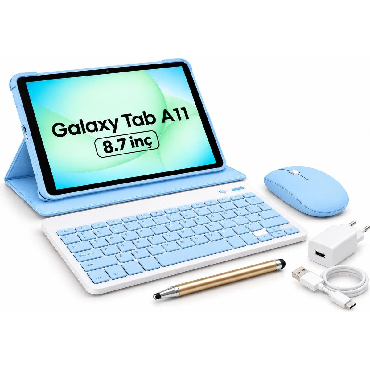 Samsung Galaxy Tab A11 4gb 64GB 8,7' Tablet+Kılıf+Klavye+Mouse+Şarj Aleti(Kalem Hediyeli) Mavi