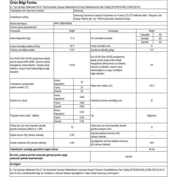 Samsung WW11BBA046ABAH 11 Kg 1400 devir Çamaşır Makinesi