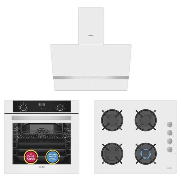 Simfer 0+9 Fonksiyon Airfry Beyaz 3’lü Ankastre Set (8216 Fırın + 3507 Ocak + 8707 Davlumbaz) A Enerji Sınıfı Modern Mutfak Uyumlu