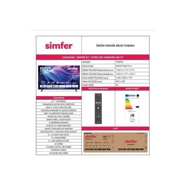 Simfer 55SFSA6B 55 inç 4K Ultra HD Android Smart LED TV 140 Ekran Yüksek Çözünürlük