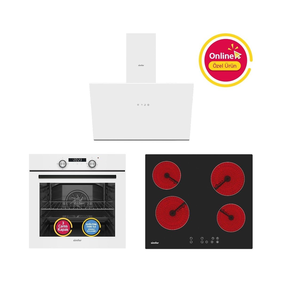 Simfer Ankastre Set Beyaz Dijital Elektrikli Cam Ocaklı Turbolu 3'lü Set (Fırın+Elektrikli Ocak+Davlumbaz) HBCV0000BVUGWQ