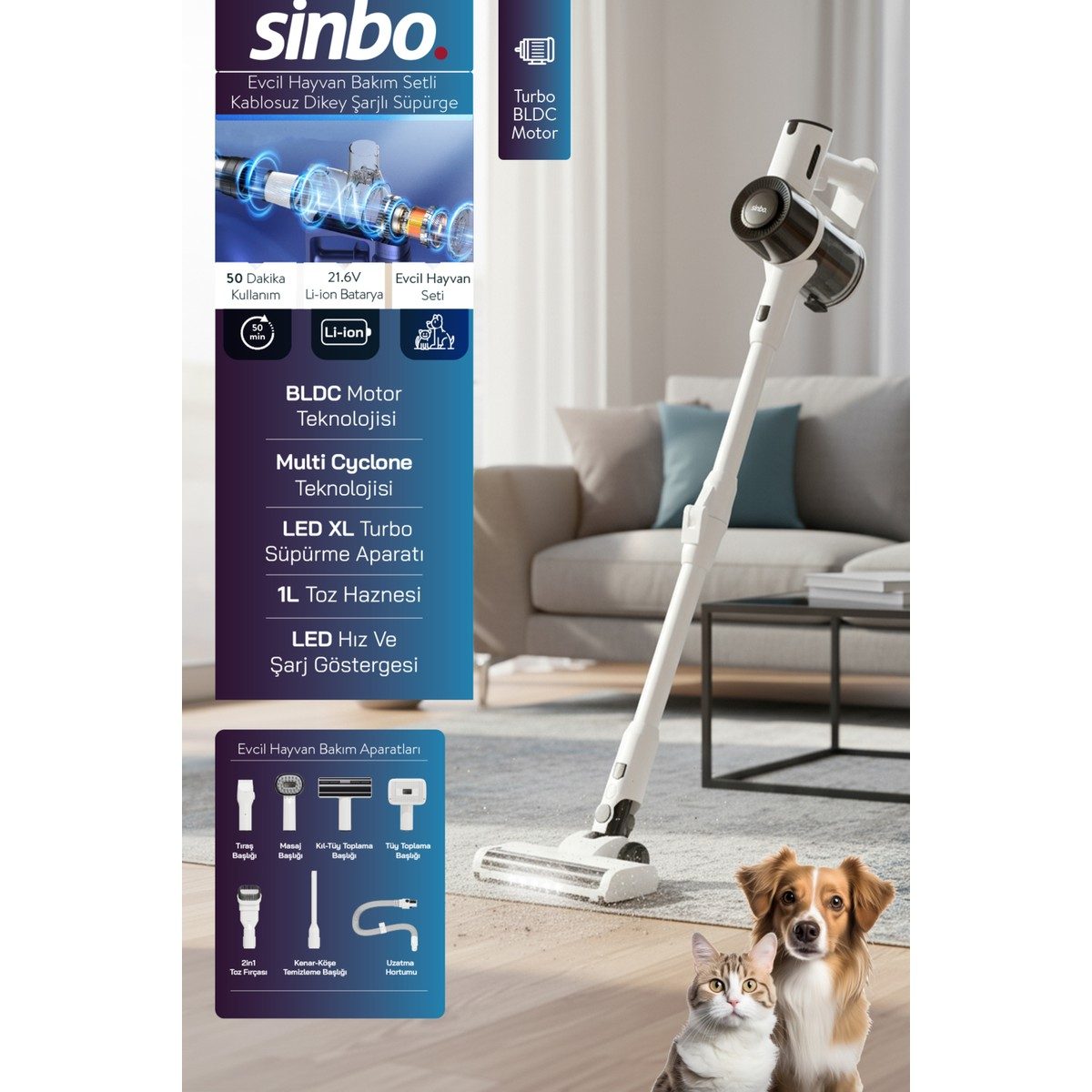 Sinbo SVC-8634 Kablosuz Dikey Süpürge Hayvan Seti 1L Toz Haznesi ile Elektrikli Kullanım ve H13 Hepa Filtre Beyaz