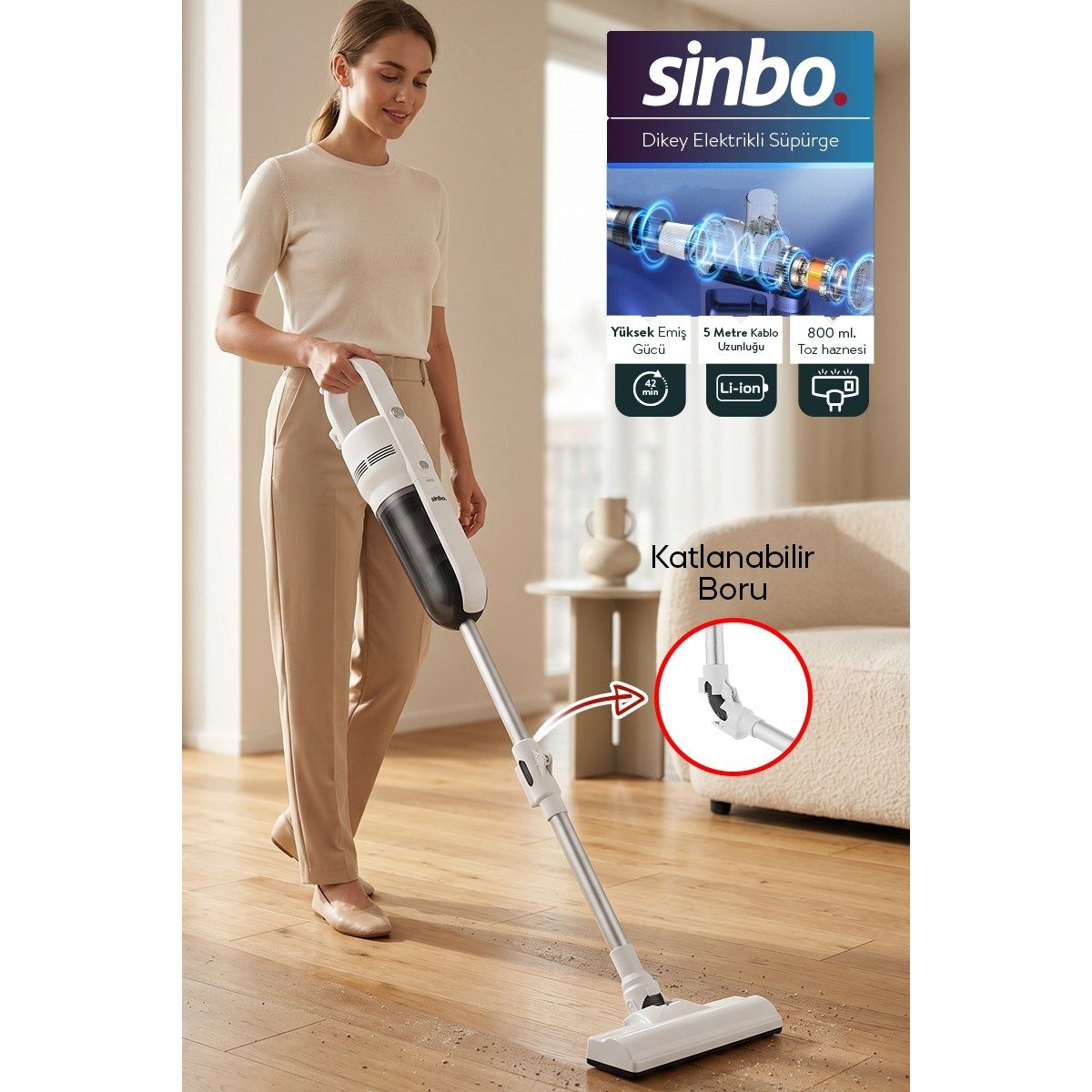 Sinbo SVC-8640 Dikey Elektrikli Süpürge Katlanır Borulu, El Süpürgesi, 800 ml Toz Hazneli HBCV0000ERT6NQ