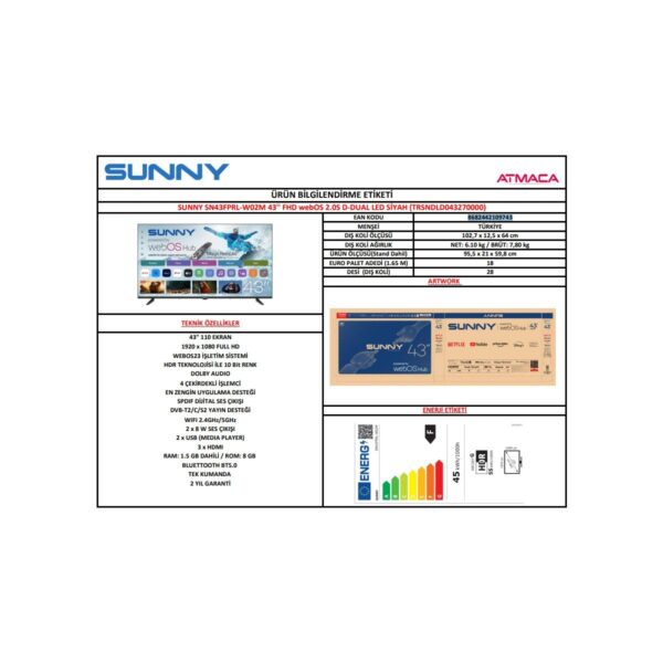 Sunny SN43FPRL-W02M 43″ 109 Ekran Uydu Alıcılı Full HD webOS Smart LED TV