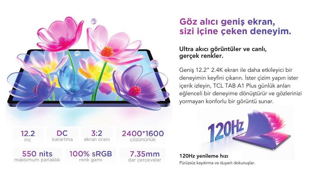 TCL Tab A1 Plus 12.2" 2.4K Ekran 6 GB RAM 128 GB Depolama Android Tablet