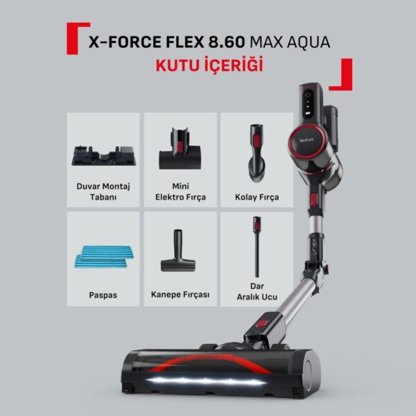 Tefal TY6T90TR X-Force Flex 8.60 Max Aqua Kablosuz Şarjlı Dikey Süpürge Kırmızı – Siyah Toz Haznesi ile Kolay Temizlik
