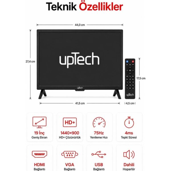 Uptech 19’’ (48 Ekran) Çanaklı / Çanaksız Wifi’li Uydu Alıcısı+Tv Askı Aparatı Hediye