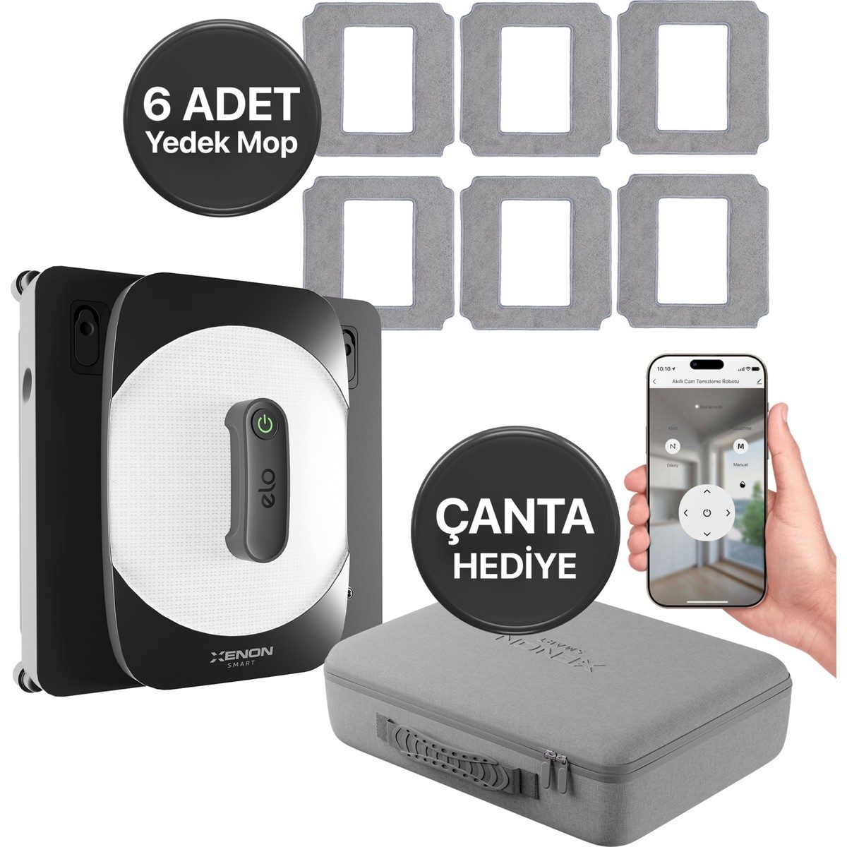 Xenon Smart Cam Silme Robotu (Elo) ve 6 Adet Mop | 2'li Set, Kumandalı, 3 Modlu, Mobil Kontrol HBCV00007UCEUI