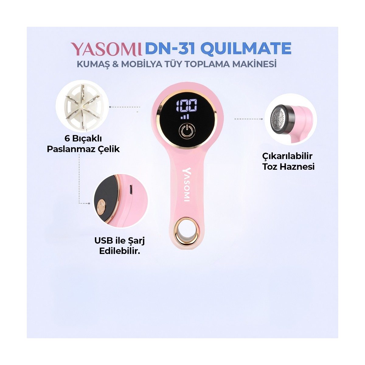 Yasomi Dn-31 Quilmate USB Şarj Edilebilir LED Ekran Tiftik-Tüy Toplama Makinesi HBCV00006QLU98